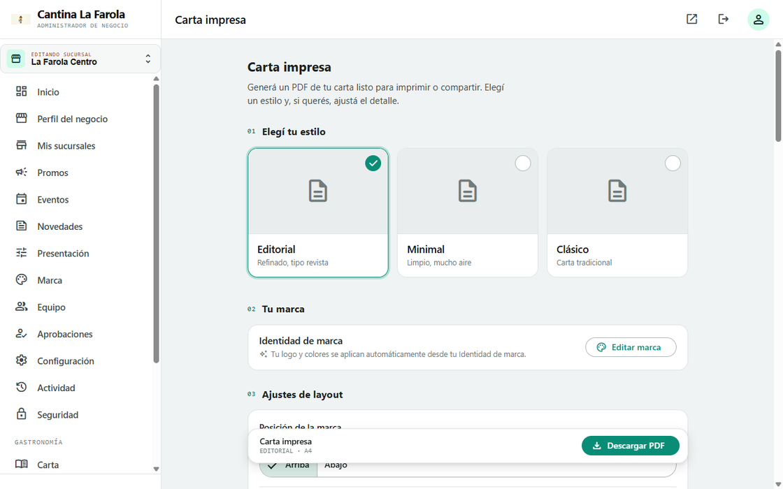 El PDF de la carta con la marca del negocio aplicada.